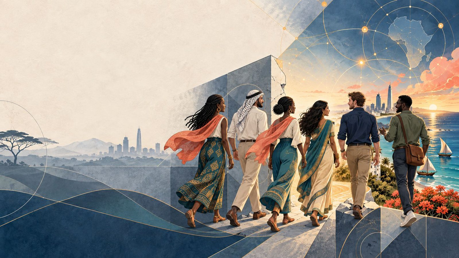 Illustration of people walking toward a bright coastal future across East Africa